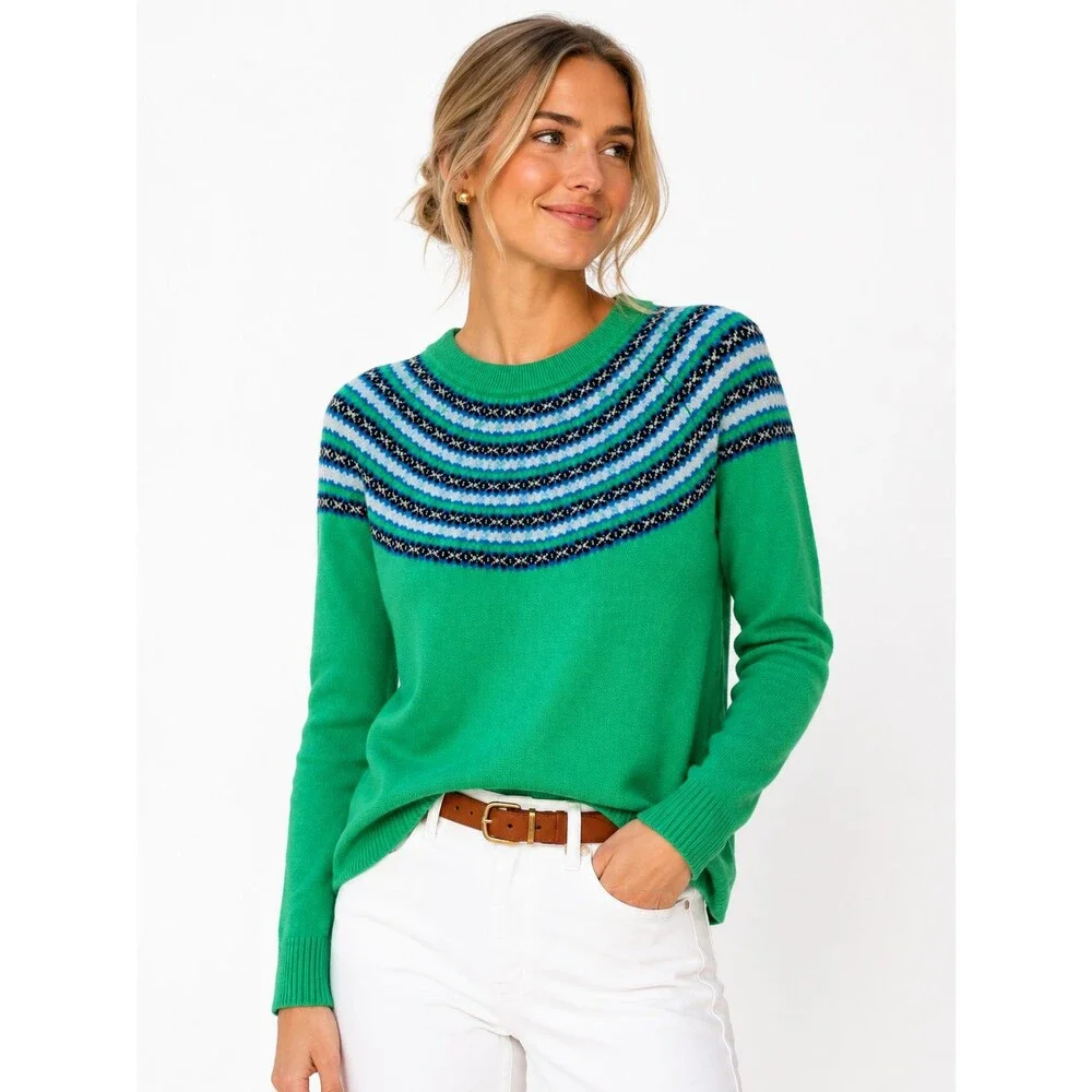 J.Crew Fair Isle 100% Cashmere Sweater Size Small Crewneck Green Preppy Classic